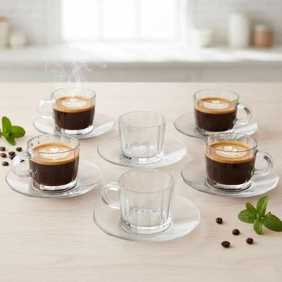Bormioli Italy Rocco Clear Panel Glass Espresso/Coffee Cup & Saucer Set of 6 - Picture 1 of 14